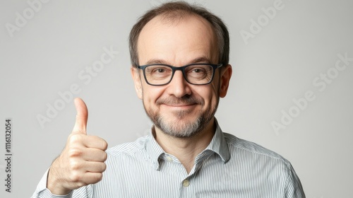 Businessman with beard in striped shirt giving thumbs up gesture expressing approval in indoor studio setting against neutral background