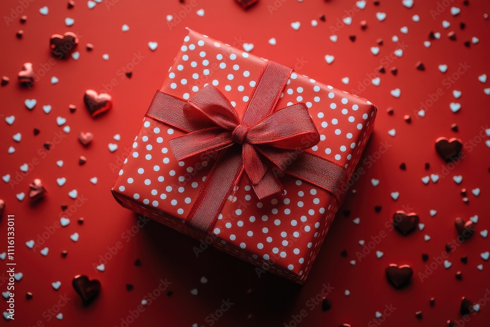 Obraz premium A gift box wrapped in red and white polka-dot paper with a ribbon, surrounded by small heart-shaped confetti on a vibrant red background