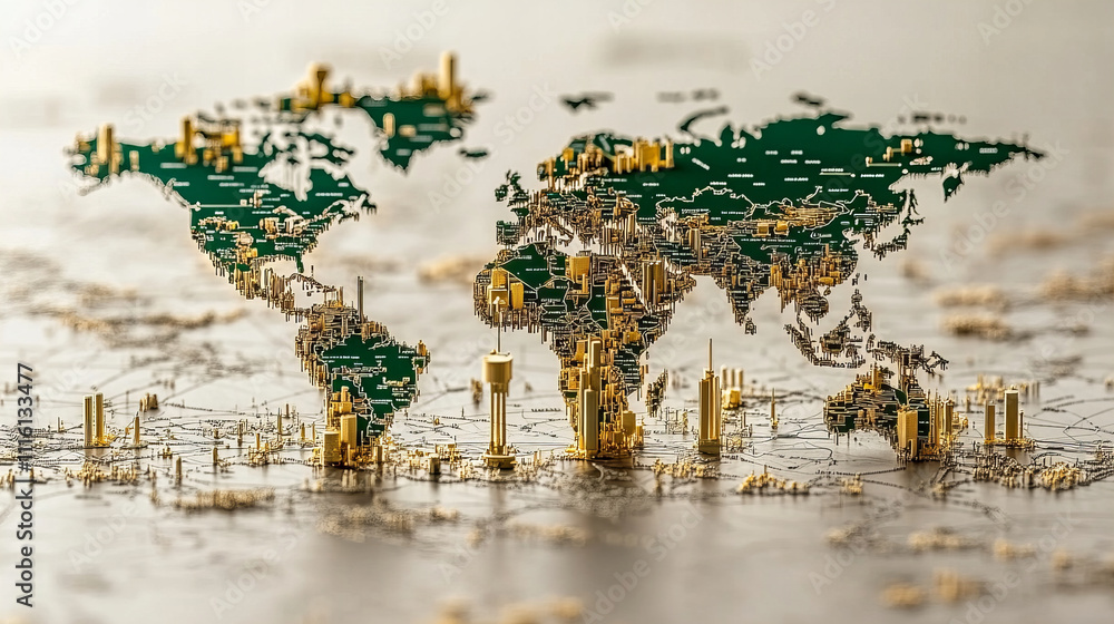 Fototapeta premium global map showcasing various climate funds represented by 3D structures, highlighting financial investments in sustainability and environmental initiatives