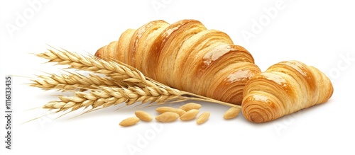 Whole wheat bread and croissant elegantly displayed with wheat stalks and grains in a vintage inspired composition photo