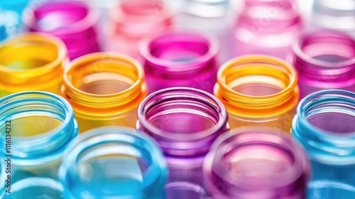 Vibrantly colored water bottles arranged in rows, showcasing various hues against a blurred background, emphasizing plastic production and processing concepts, recycling, sustainability, vivid colors.