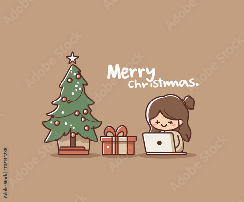Minimalist Vector Illustration of Woman with Laptop, Christmas Tree, and 'Merry Christmas' Text in Cute Cartoon Style on Brown Background