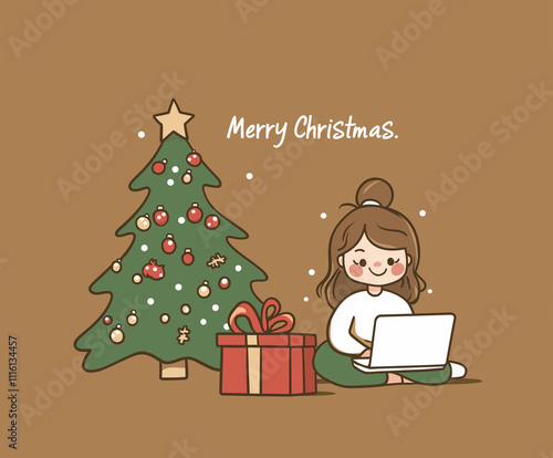 Minimalist Vector Illustration of Woman with Laptop, Christmas Tree, and 'Merry Christmas' Text in Cute Cartoon Style on Brown Background