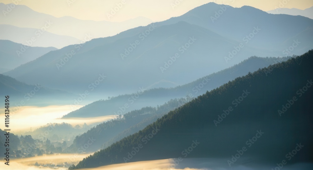 Fototapeta premium Misty mountain sunrise with layered hills panorama