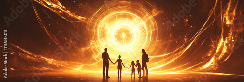 A family standing in a circle, with glowing orbs of energy flowing between them, symbolizing unspoken emotions and hidden influences.  photo