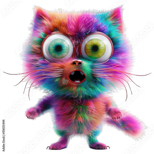 A colorful, cartoonish cat with large eyes and vibrant fur, expressing surprise or excitement. transparent background