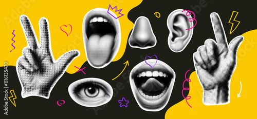 Pop art collage human face hands. Pop art collage halftone effect vibrant yellow modern mouth eye nose design.