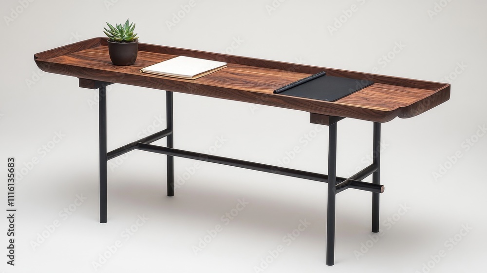 Fototapeta premium Modern Minimalist Wooden Desk with Plant and Accessories