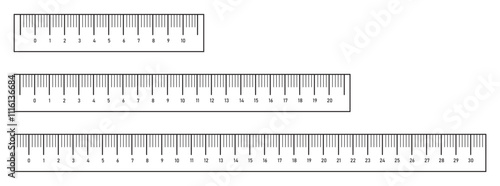Set of measuring scale and ruler charts with 10,20, 30, 40 centimeters.Math or geometric tool for distance, height or length measurement with markup and numbers. Vector outline illustration