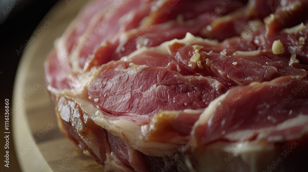 Obraz premium Beef ham slices with spices displayed in closeup on wooden surface for culinary backgrounds and food photography.