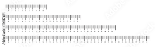 Set of measuring scale and ruler charts with 10,20, 30, 40 centimeters.Math or geometric tool for distance, height or length measurement with markup and numbers. Vector outline illustration