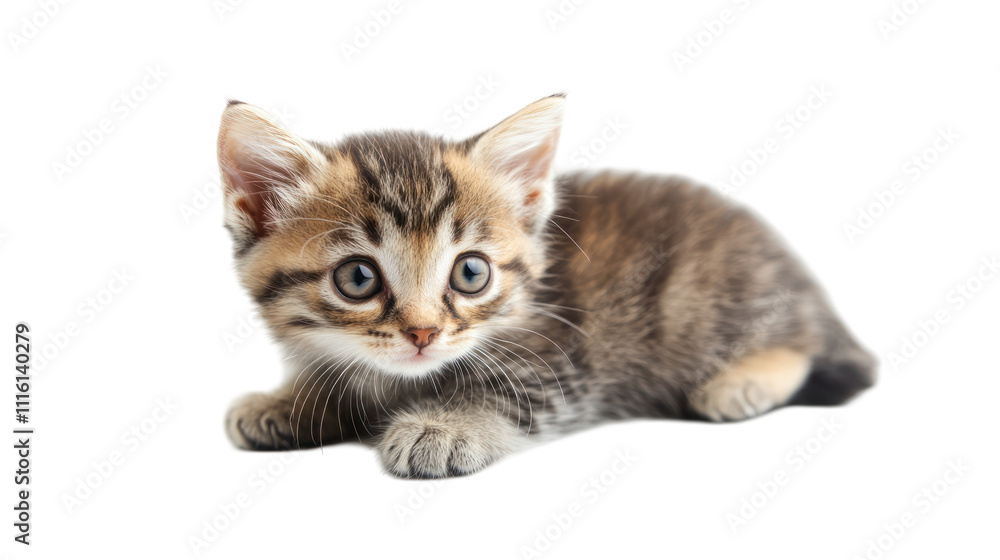 Fototapeta premium A playful kitten with striking blue eyes, lying on its stomach, showcasing its curious and adorable nature.