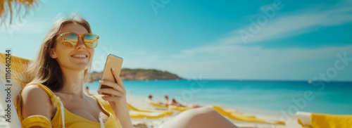 Summer vacation, happy young woman with phone, tourist hat, beautiful girl holding smartphone lying on the sand on the beach background