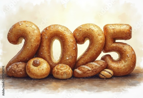 Illustration of Freshly baked bread and pastries arranged to spell 2025 photo