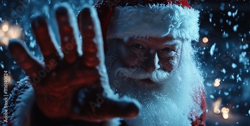 Close-up of Santa Claus waving his hand against a dark blue background with snowfall, leaving ample copy space for text. The festive atmosphere creates a happy new year concept, Generative Ai 