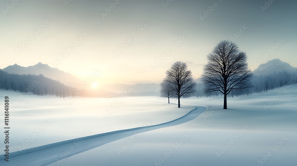 Snowy winter scene with frost-covered trees lining a meadow, panoramic view of snowdrifts and a magical forest, illuminated by the gentle light of a winter day. Ultra-realistic, photo realistic, Snowy winter scene with frost-covered trees lining a meadow, panoramic view of snowdrifts and a magical forest, illuminated by the gentle light of a winter day. Ultra-realistic, photo realistic,