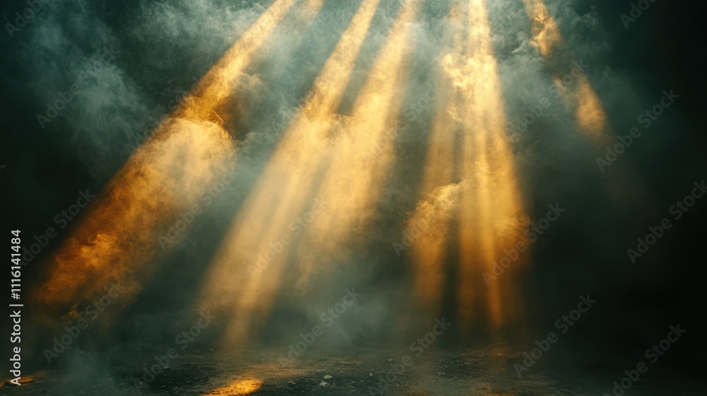 Fototapeta premium Golden rays pierce through dense mist, creating an ethereal atmosphere filled with mystery and light.