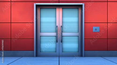 Minimalistic Red and Blue Building Entrance with Symmetrical Glass Doors