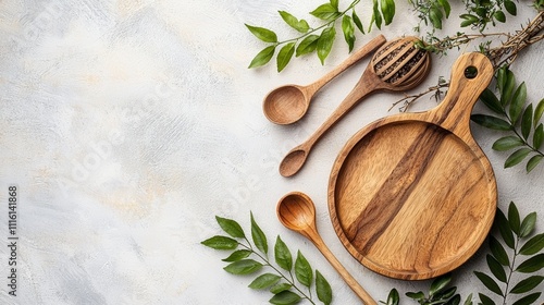 Wallpaper Mural Rustic wooden utensils with green leaves on a textured background Torontodigital.ca