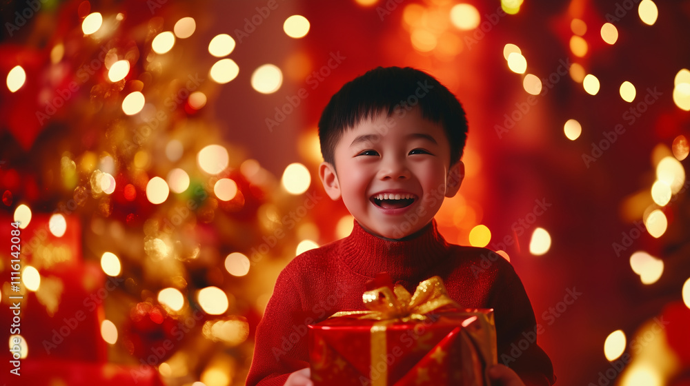 Smiling Chinese Child with a Christmas Gift: Celebrating the Joy of the Holidays A Chinese child beams with joy as they hold a festive New Year gift in their hands. Their radiant s Smiling Chinese Child with a Christmas Gift: Celebrating the Joy of the Holidays A Chinese child beams with joy as they hold a festive New Year gift in their hands. Their radiant s