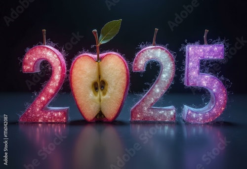 2025 formed by genetically modified apple slices glowing with pink and purple bio-luminescent gradients