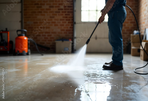 Garage Floor Cleaning Pressure Washer, Worker, Tile, Water, Cleaning