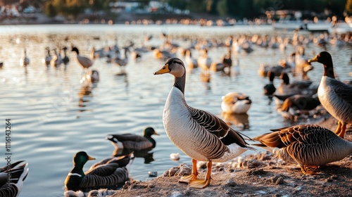 Diverse flock of ducks and geese gathered along the lakeshore during sunset reflecting on calm waters photo