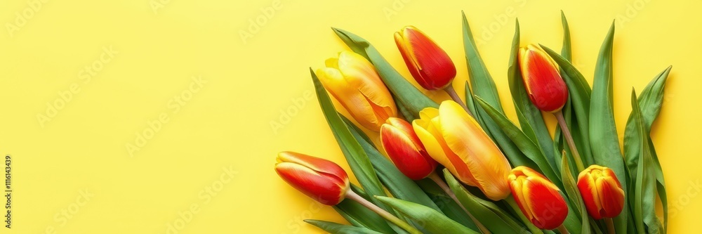 Vibrant tulips in shades of red and yellow arranged beautifully on a bright yellow background Vibrant tulips in shades of red and yellow arranged beautifully on a bright yellow background