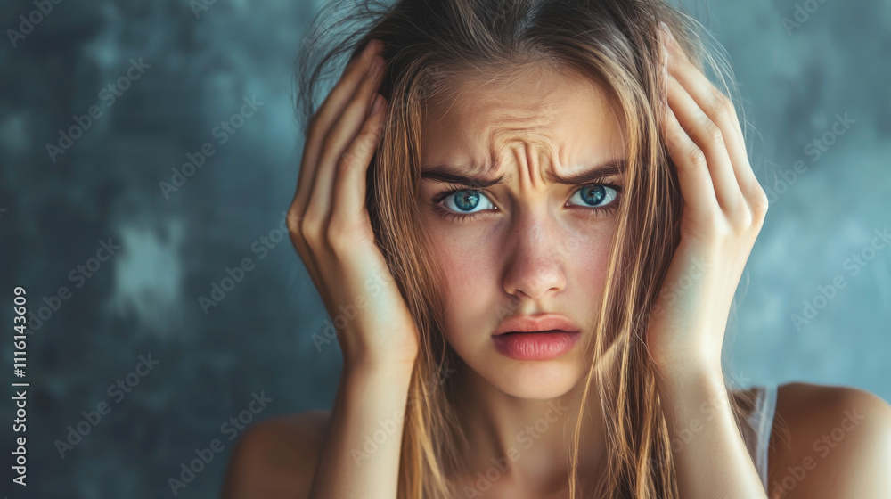 Fototapeta premium Portrait of a upset dissatisfied scared teenager girl. Young Woman Covers ears with hand. 16:9