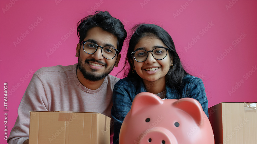 Fototapeta premium The idea of a Desi young couple accumulating money with a piggy bank and moving their house with boxes and copy space 
