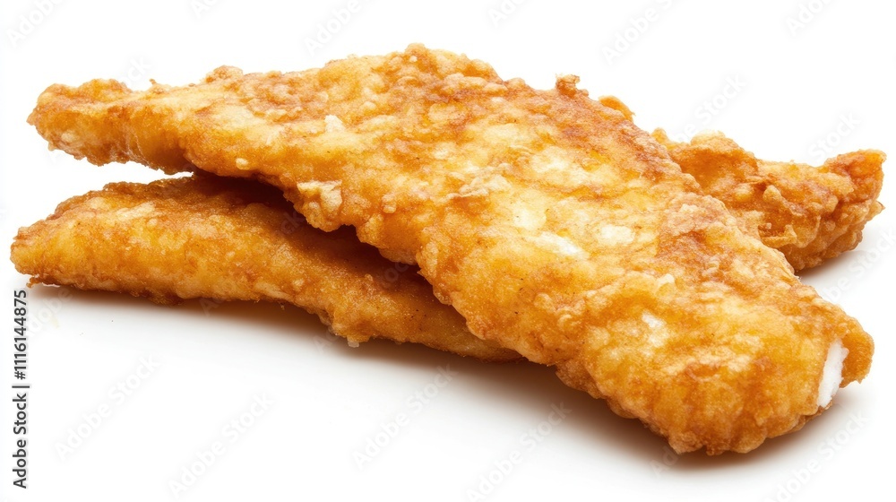 Crispy golden fish fingers arranged on a clean white background, highlighting texture and color, ideal for food photography, frozen meals, fast food, snack options. Crispy golden fish fingers arranged on a clean white background, highlighting texture and color, ideal for food photography, frozen meals, fast food, snack options.