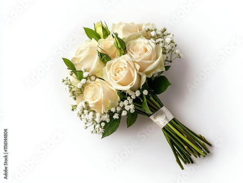 Charming bouquet of ivory roses and delicate baby s breath, isolated for a classic and elegant wedding look photo