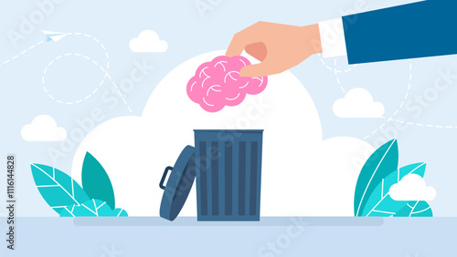 Brainwashing and internet propaganda. The brain is in the garbage can. Mind in the dustbin. Brain power, idea, knowledge. Delete, throw away, forget, erase. Business concept. Vector illustration