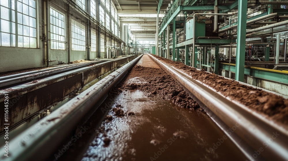 Fototapeta premium Industrial conveyor system transporting wet soil waste from manufacturing processes to collection bins in a factory setting.
