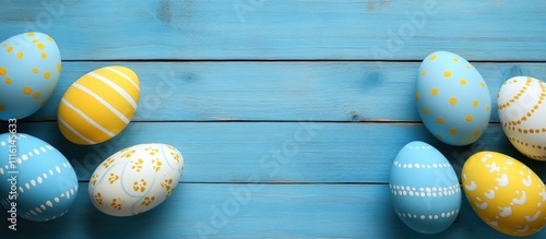 Elegant arrangement of colorful Easter eggs on a rustic wooden background perfect for festive card designs and promotional materials.