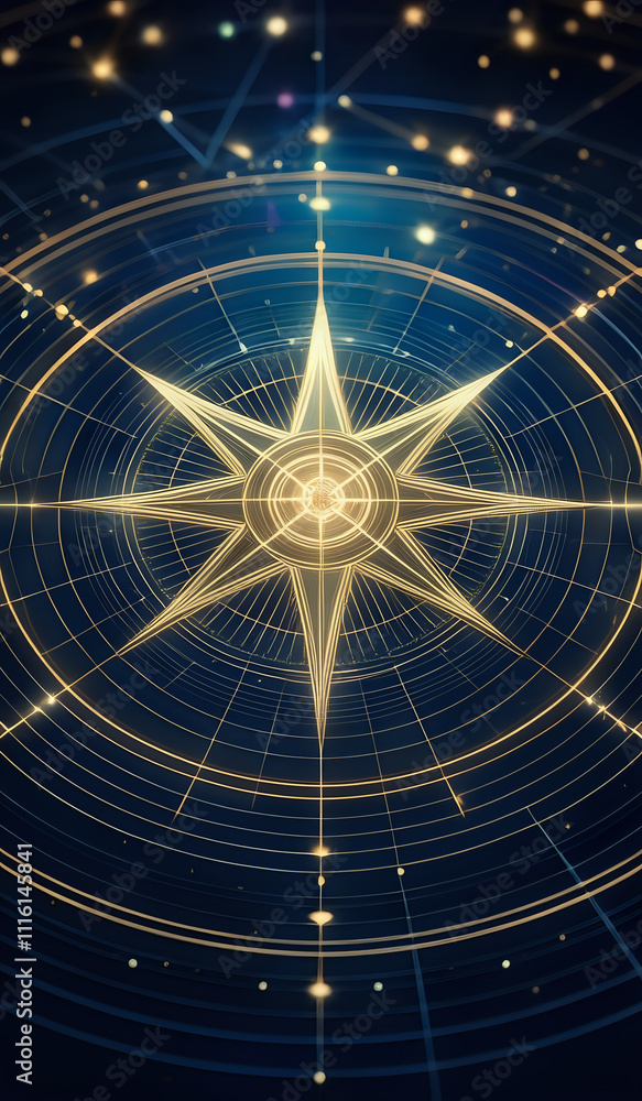 A holographic nautical compass on top of glowing lines representing network communication with sparkles of light in yellow and blue tones A holographic nautical compass on top of glowing lines representing network communication with sparkles of light in yellow and blue tones