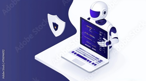 Wallpaper Mural A futuristic robot interacts with a laptop displaying code, symbolizing advanced technology and programming. Torontodigital.ca