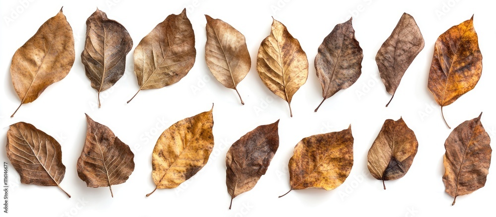 Fototapeta premium Autumn Dried Leaves Arrangement Overhead View Natural Textures on White Background