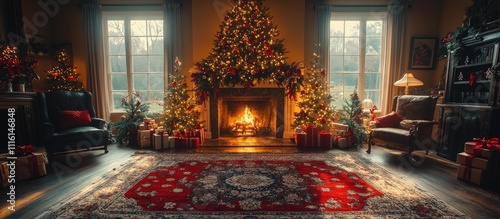 Cozy Christmas living room with a beautifully decorated tree and a warm fireplace creating a festive holiday atmosphere