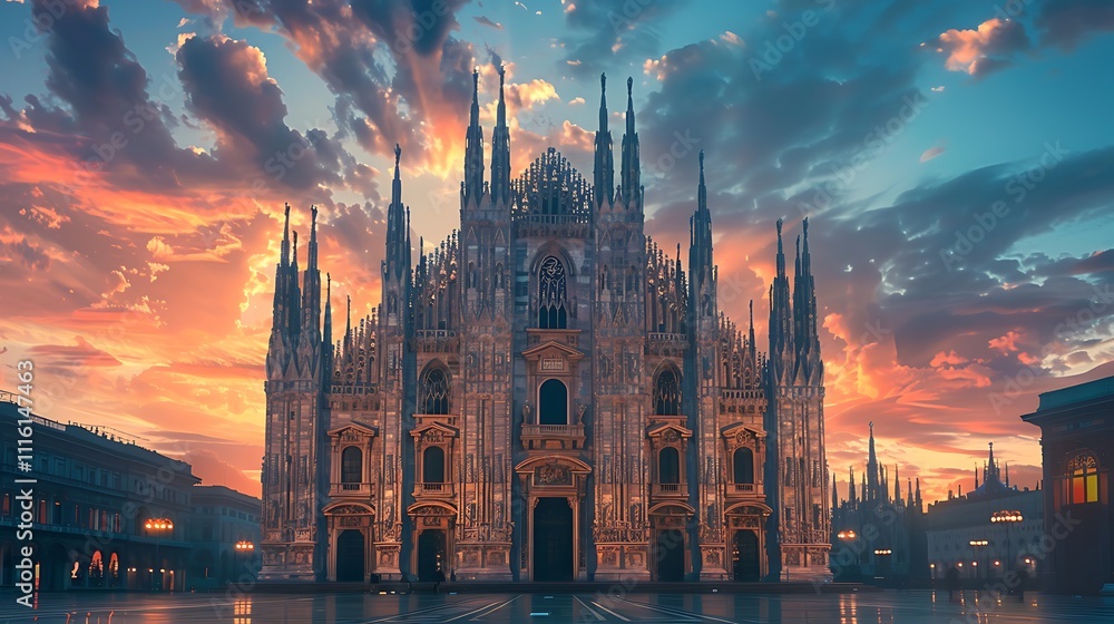 Fototapeta premium A gothic cathedral at dusk with towering spires and intricate stained glass