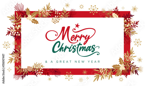 Frame border template for Merry Christmas and 
Happy New year card, Holiday background, banner, vector with Merry Christmas text, calligraphy, 
modern simple style mistletoe, snowflakes, cliparts