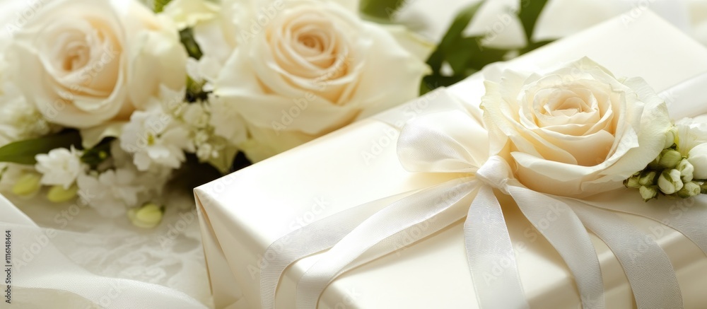 Obraz premium Exquisite gift packaging adorned with satin ribbons and fresh roses creating a romantic and tender atmosphere for special occasions.