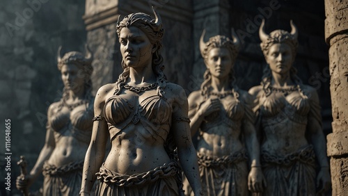 Statue of Furies, the goddesses of vengeance, holding chains, with a stern form, set against a desolate battlefield, with carvings reflecting their merciless revenge on betrayal and crime. photo