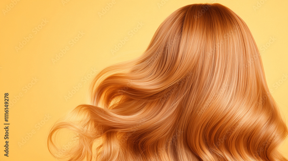 Fototapeta premium Stunning woman in profile with long, glossy, wavy hair, showcasing a beautiful curly hairstyle. Fashion, beauty, and makeup model.