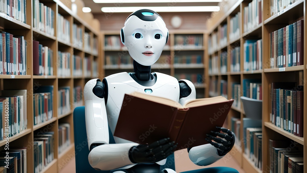 A Woman robot studying at a library table, surrounded by books and a laptop A Woman robot studying at a library table, surrounded by books and a laptop