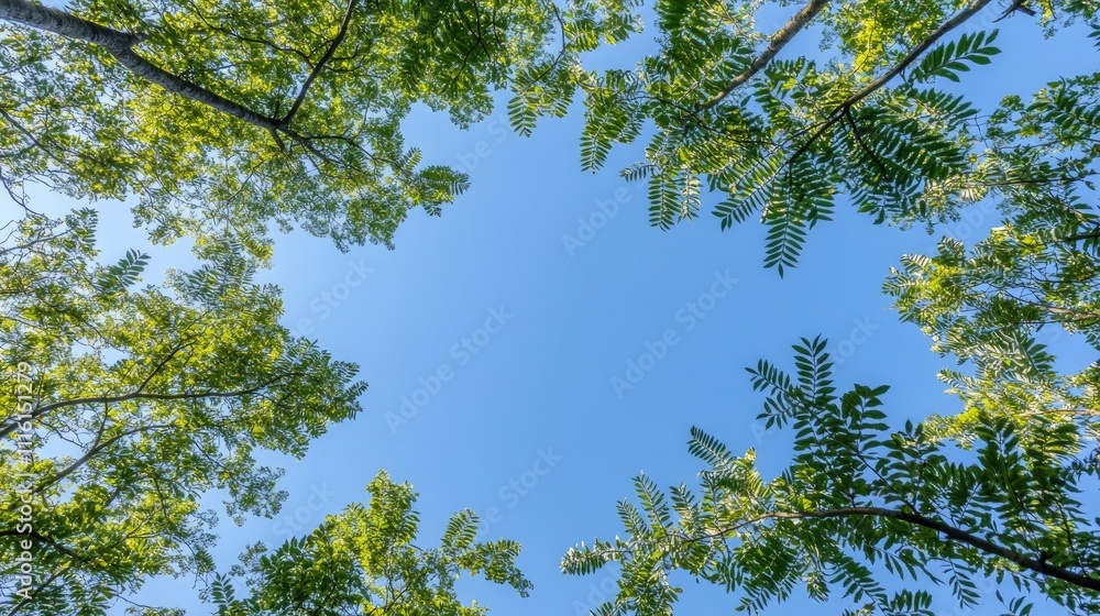Fototapeta premium Frame of green leaves and trees against a clear blue sky highlighting solar power panel eco-friendly energy and sustainability concepts
