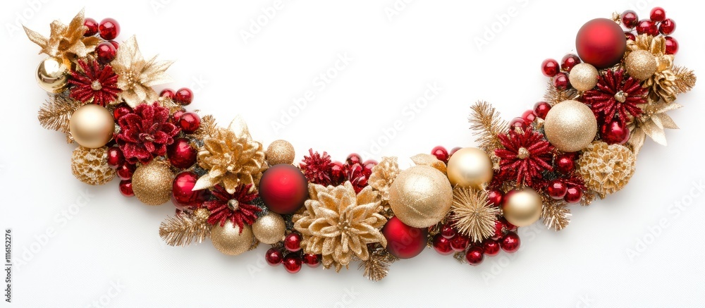Festive wreath arrangement with gold and red baubles tinsel and decorations on a white background for holiday and celebration mockup use Festive wreath arrangement with gold and red baubles tinsel and decorations on a white background for holiday and celebration mockup use