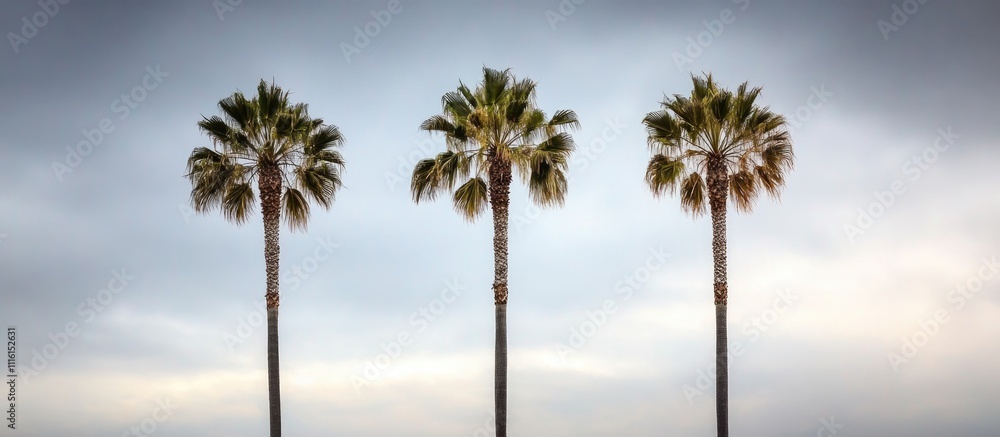 Fototapeta premium Tranquil aerial perspective of three palm trees under a moody cloudy sky creating a serene tropical ambiance