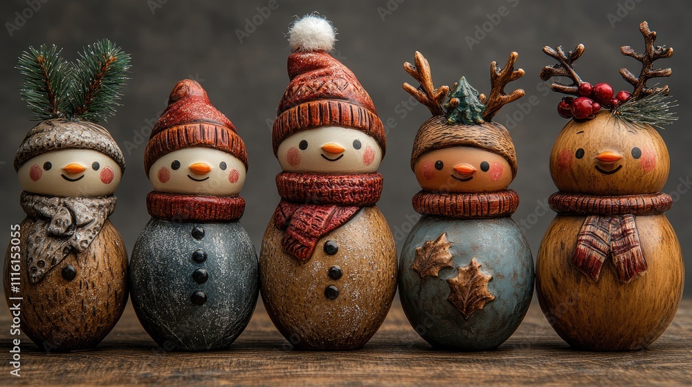 Fototapeta premium Charming collection of handcrafted Christmas snowman figurines in festive attire against a muted gray backdrop for holiday decor inspiration
