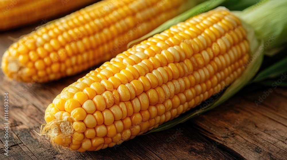 Freshly harvested corn cobs displayed on rustic wooden surface showcasing agricultural produce and dry farmland cultivation. Freshly harvested corn cobs displayed on rustic wooden surface showcasing agricultural produce and dry farmland cultivation.